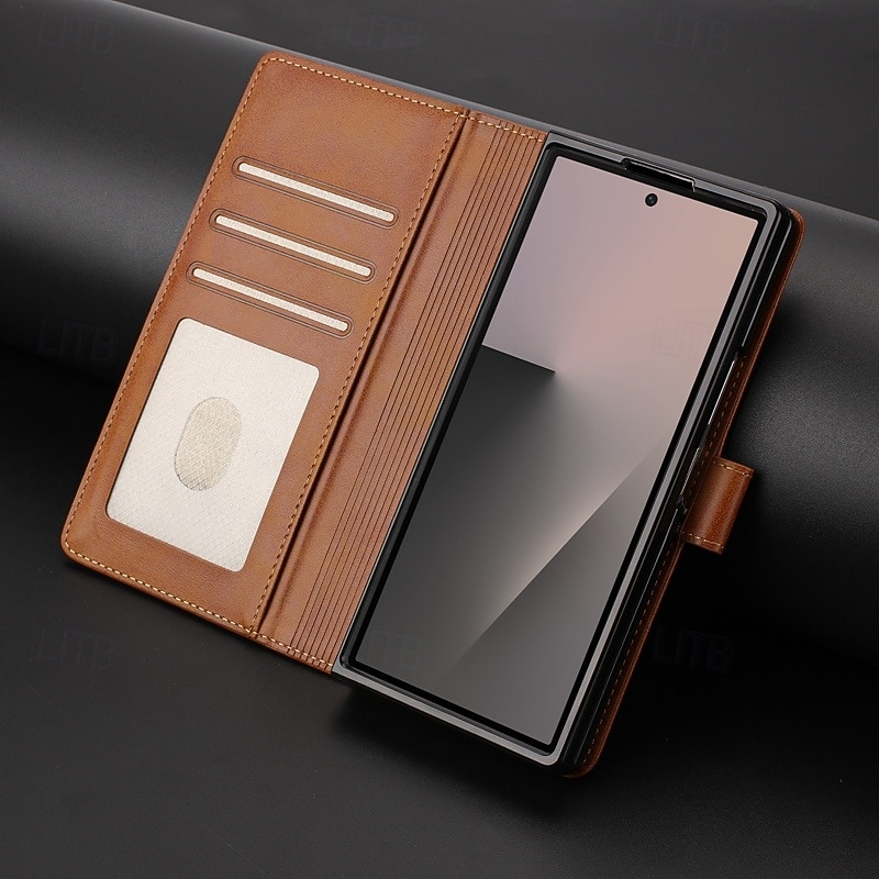 Phone Case For Samsung Galaxy Z Fold 7 Back Cover Kickstand Card Slot Shockproof Retro TPU PU Leather