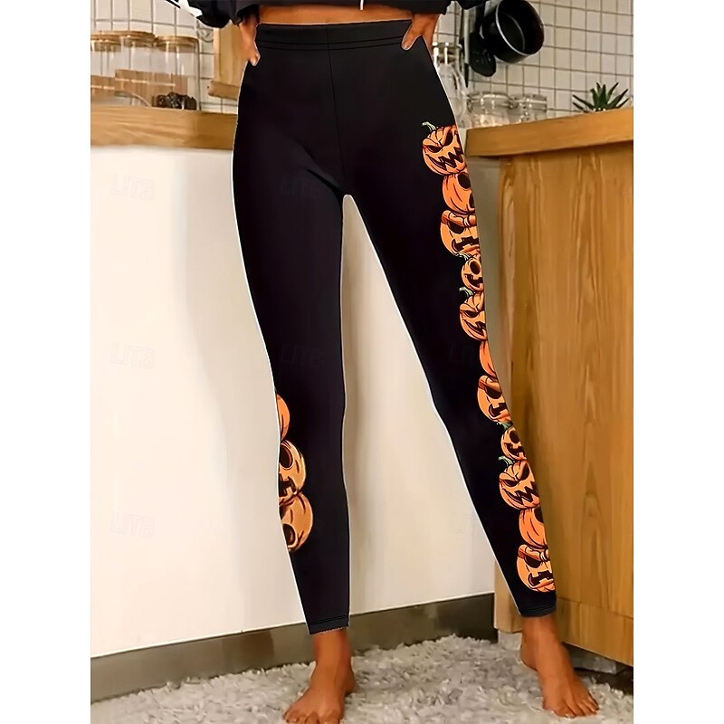 Women's Leggings Vacation Vintage Fashion Full Length High WaistPantsHalloween Graphic Pumpkin Printing Soft Breathable High Elasticity Outdoor Vacation Street Orange Spring Fall Winter Slim Fit