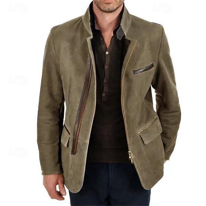 Men's Faux Suede Jacket Casual Jacket Vacation Daily Warm Pocket Fall Winter Plain Fashion Classic Stand Collar Regular Khaki Gray Jacket