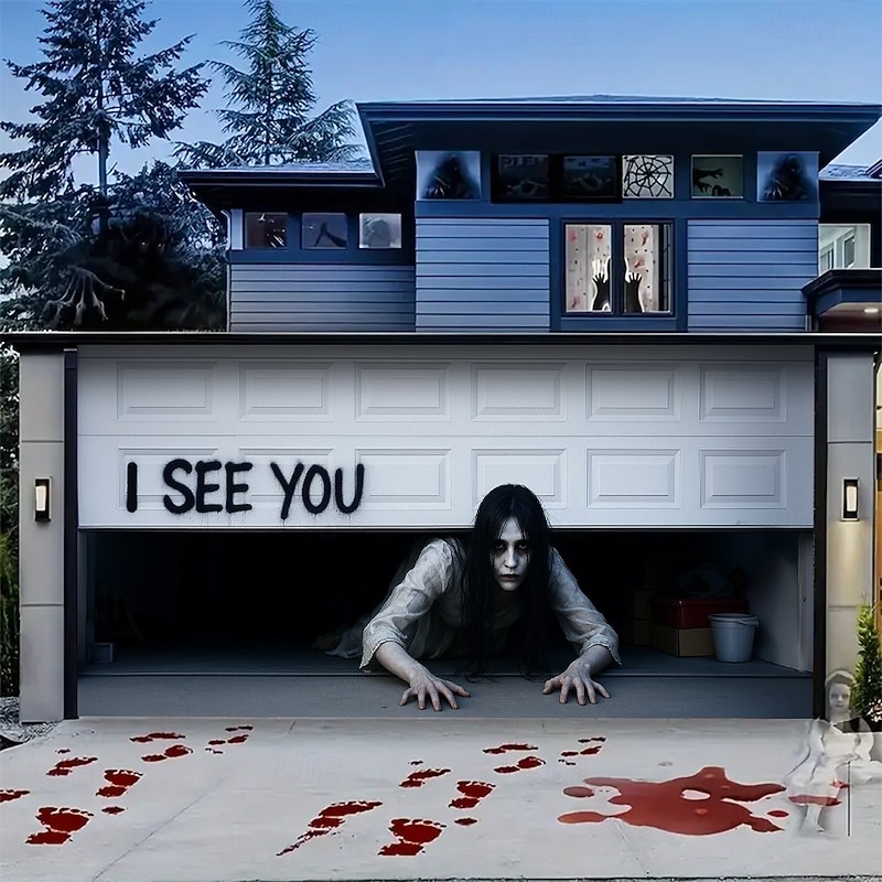 Halloween Haunted Garage Door Cover, Scary Ghost with Blood Footprints and 