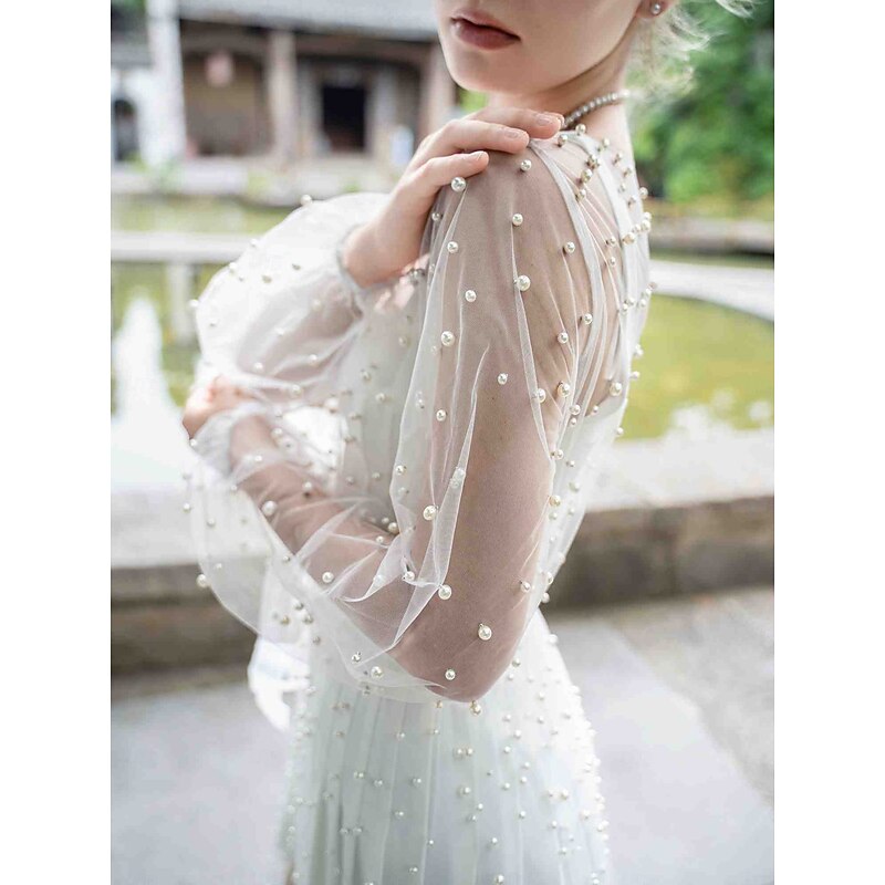 Bridal's Wraps Romantic Sexy Long Sleeve Illusion Sleeve Tulle Wedding Wraps With Faux Pearl For Wedding Spring & Summer3