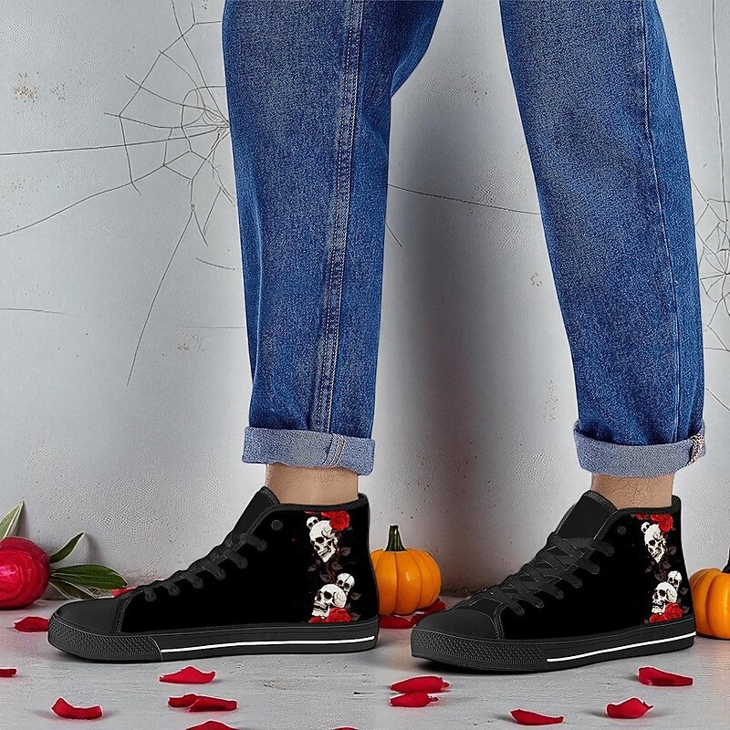Men's Skull and Rose High-Top Canvas Sneakers – Gothic Punk Lace-Up Casual Shoes for Halloween, Parties and Everyday Fashion3