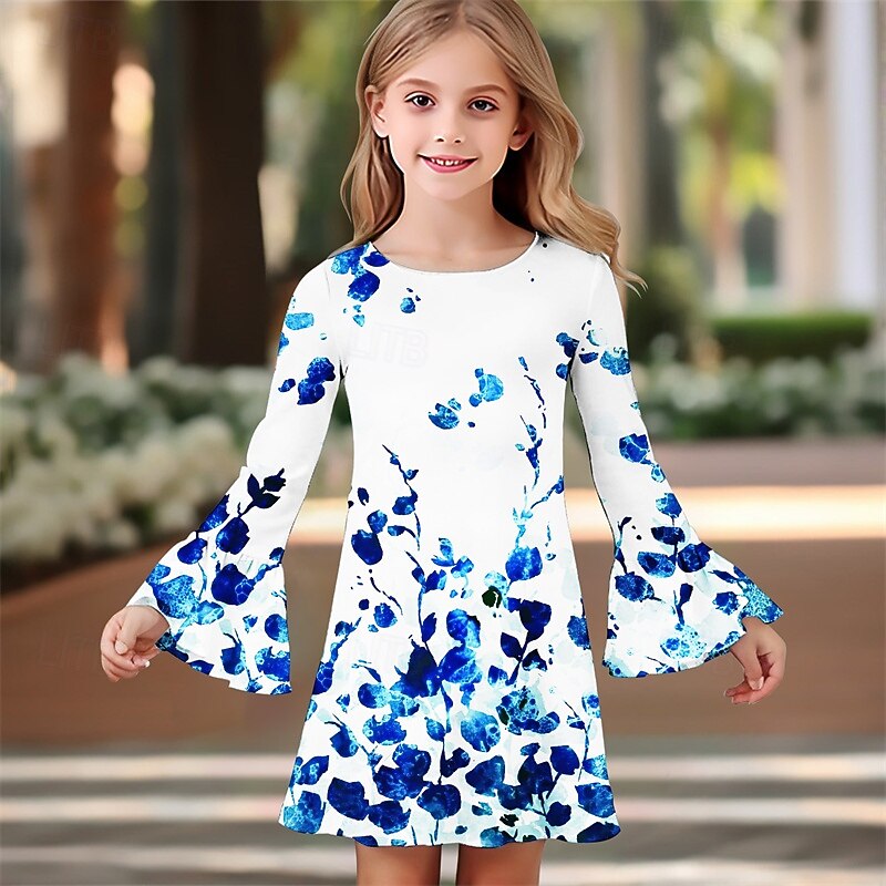 Girls' 3D Floral Dress Ruffle Dress Long Sleeve Summer Spring Vacation Daily Holiday Beautiful Sweet Kids 4-12 Years Casual Dress Knee-length Regular Fit