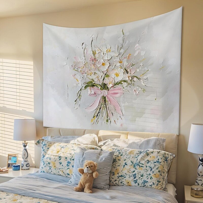 Wildflower Pink Bow Aesthetic Tapestry, Floral Wall Hanging, Neutral Beige Botanical Wall Decor for Girls and Women, Living Room or Bedroom, 50x60 Inch2