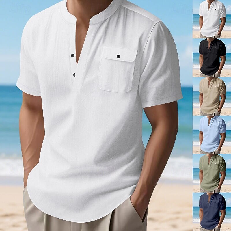 Men's Shirt Linen Shirt Casual Shirt Button Up Shirt Cotton Shirt Plain Vacation Street Black White Khaki Light Blue Short Sleeve Band Collar Summer Clothing Apparel Pocket
