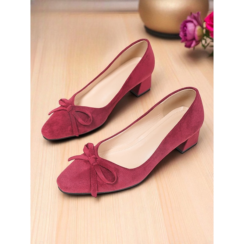 Women's Mustard Yellow Suede Block Heel Pumps – Vintage Style Bow Knot Round Toe Dress Shoes for Office, Weddings, and Elegant Retro Outfits