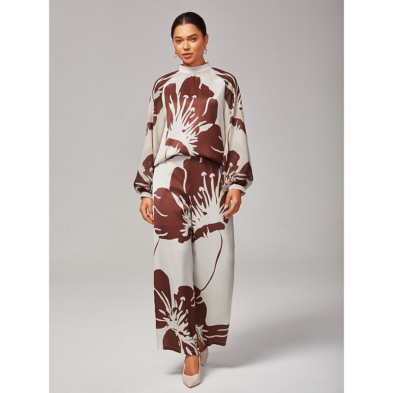 Women's Satin Shirt  Abstract Floral Print  Stand Collar Raglan Puff Sleeves Regular Fit All - Season Wear4