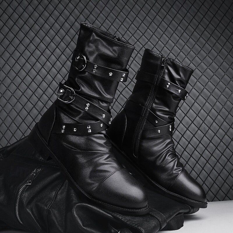 Men's Black Faux Leather Buckle Strap Boots, Gothic Punk Style Ankle Boots for Parties and Festivals4