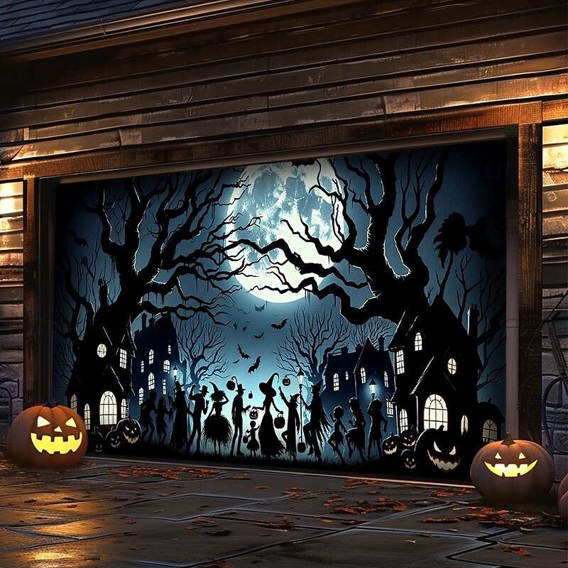 Halloween Tapestry Garage Door Cover Large Hanging Backdrop Castle Dark Punk Gothic Style Party Outdoor Shooting Backgrounds Front Door Home Decor3
