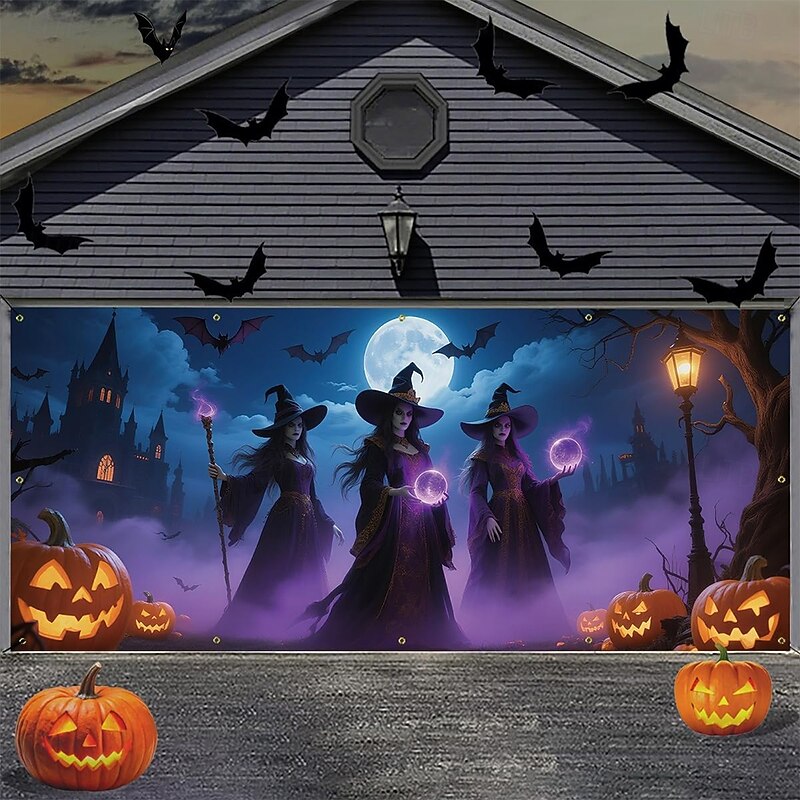 Halloween Garage Door Cover Large Hanging Backdrop Pumpkin Castle Dark Punk Gothic Style Party Outdoor Shooting Backgrounds Yard Haunted House Home Decor4