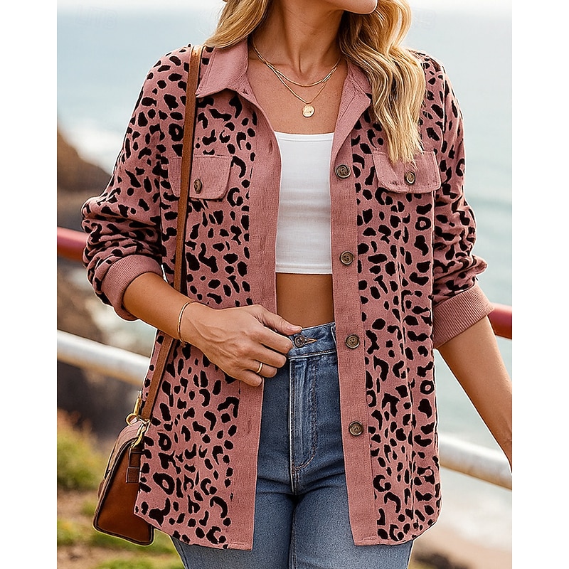 Women's Fall Outfits Shirts Jacket Coats Buttons Long Sleeve Top Athleisure Fall Leopard Fashion Outdoor Travel Sportswear Activewear Pink Blue Beige4