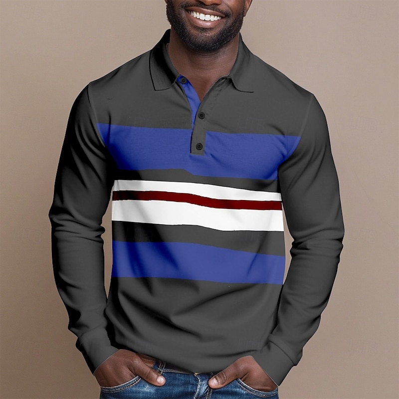 Men's Striped Cable Knit Polo Rugby Polo Shirts Long Sleeve Polo Shirts Collared Shirts Casual Outdoor Athleisure 3D Print Spring Fall Lake blue Blue Brown2