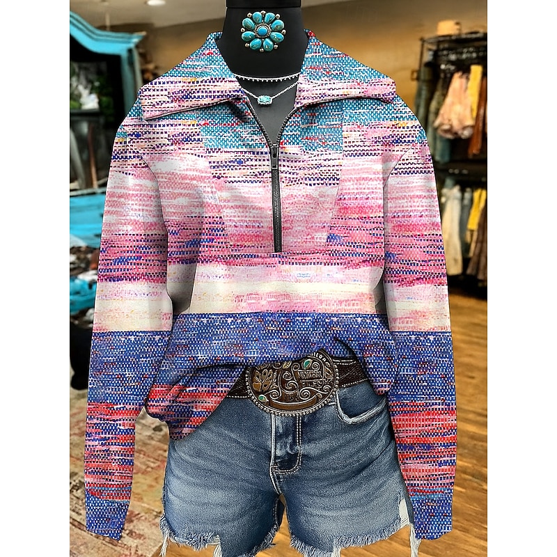 Women's Sweatshirts Geometric Striped Casual Long Sleeve V Neck Regular Tops Street Dailywear Casual Yellow Pink Blue Purple Fall