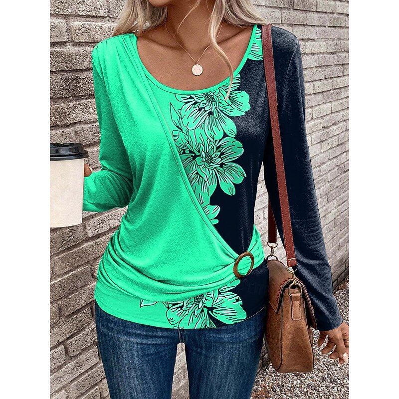 Women's T Shirt Floral Graphic Stylish Casual Long Sleeve Crew Neck Regular Tops Daily Patchwork Print Pink Blue Orange Green Summer Fall Winter3