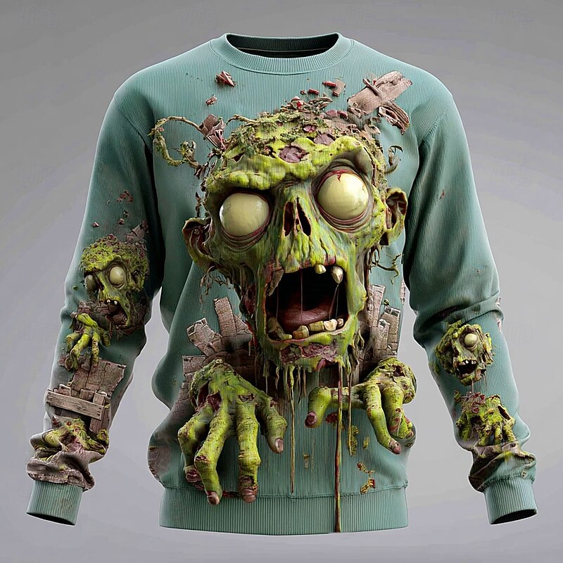 Halloween Men's Cool Skulls Pullover Sweater Jumper Knitwear Crewneck Casual Vacation Daily Festival 3D Print Keep Warm Long Sleeve Spring Fall Winter Dark Green Purple Green