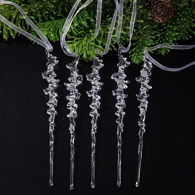 5 pcs Christmas Tree Crystal Ornaments, Acrylic Icicle Decorations, Realistic Hanging Ice Crystals for Holiday Tree and Festive Home Decor