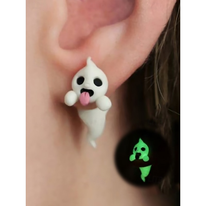 Women's Glow-in-the-Dark Ghost Earrings – Cute Resin Ghost Design with Pink Tongue, Perfect for Halloween Parties and Costume Accessories