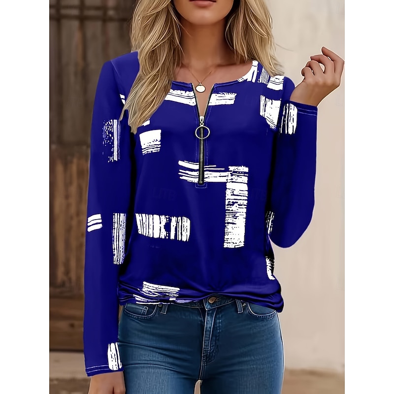 Women's T Shirt Graphic Geometric Vintage Fashion Casual Long Sleeve Crew Neck Regular Tops Daily Zipper Print Black Red Blue Purple Brown Fall Winter4