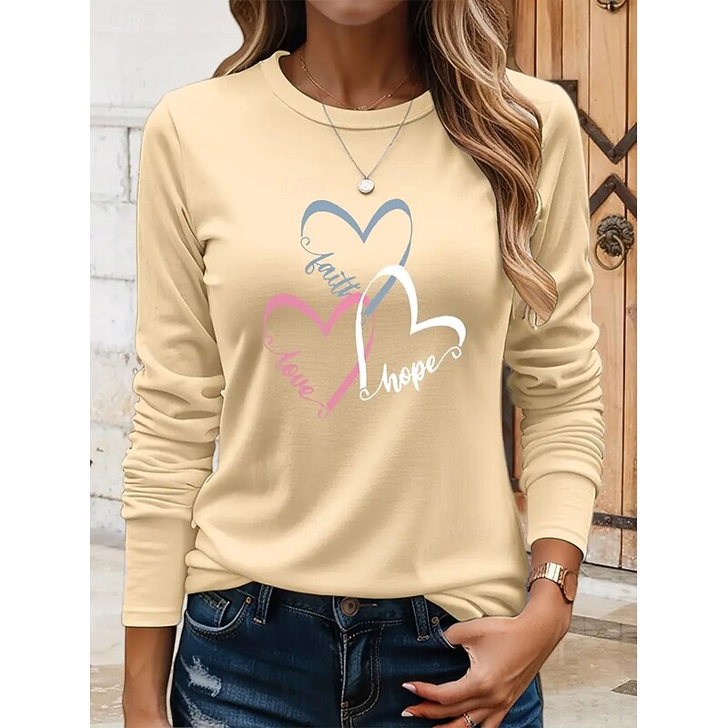 Women's T shirt Long Sleeve Crew Neck Long Sleeve Tunic Heart Graphic Vintage Stylish Round Neck Regular Tops Daily Weekend Print Black Pink Blue Khaki Fall Prefall4
