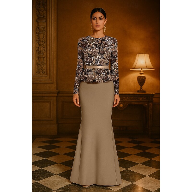 Floral Beaded Embroidered Lace Applique Mermaid / Trumpet Evening Gown Elegant Dress Formal Wedding Stretch Crepe Floor Length Long Sleeve Crew Neck with Satin Belt 2025