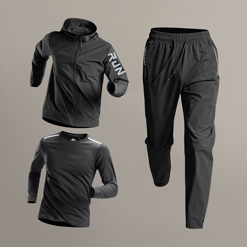 Men's Workout Suits 3 Piece Sports Set Solid Colored Clothing Suit Spring Green and Black Black Basketball Running Yoga High Waist Quick Dry Long Sleeve Sport Activewear Micro-elastic Regular Fit2