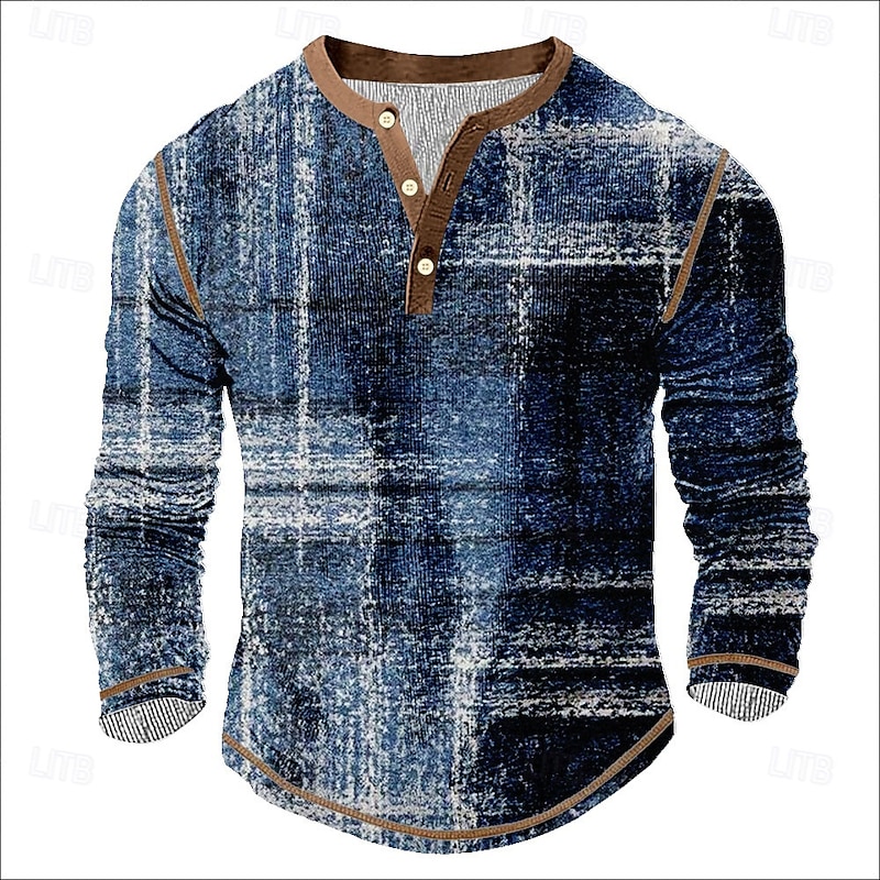 Men's Graphic Plaid Henley Shirt Tee Long Sleeve Vintage Fashion Designer Outdoor Casual Daily Spring &  Fall Brown Green Dark Blue Purple Henley Henley T-Shirt