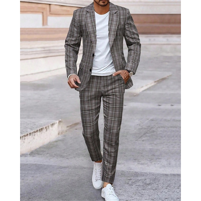 Men's Blazer Set Business Cocktail Party Wedding Party 2 Piece Fashion Casual Spring Fall Polyester Plaid Pocket Buttons Comfortable Single Breasted Blazer Gray