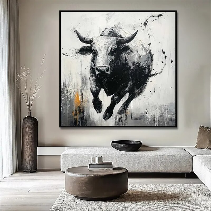 Handmade Oil Painting Acrylic Canvas Wall Art Decoration Animal Oil Painting Black-and-White Running Bull for Home Office Hotel Club Decor Rolled Frameless Unstretched Painting3