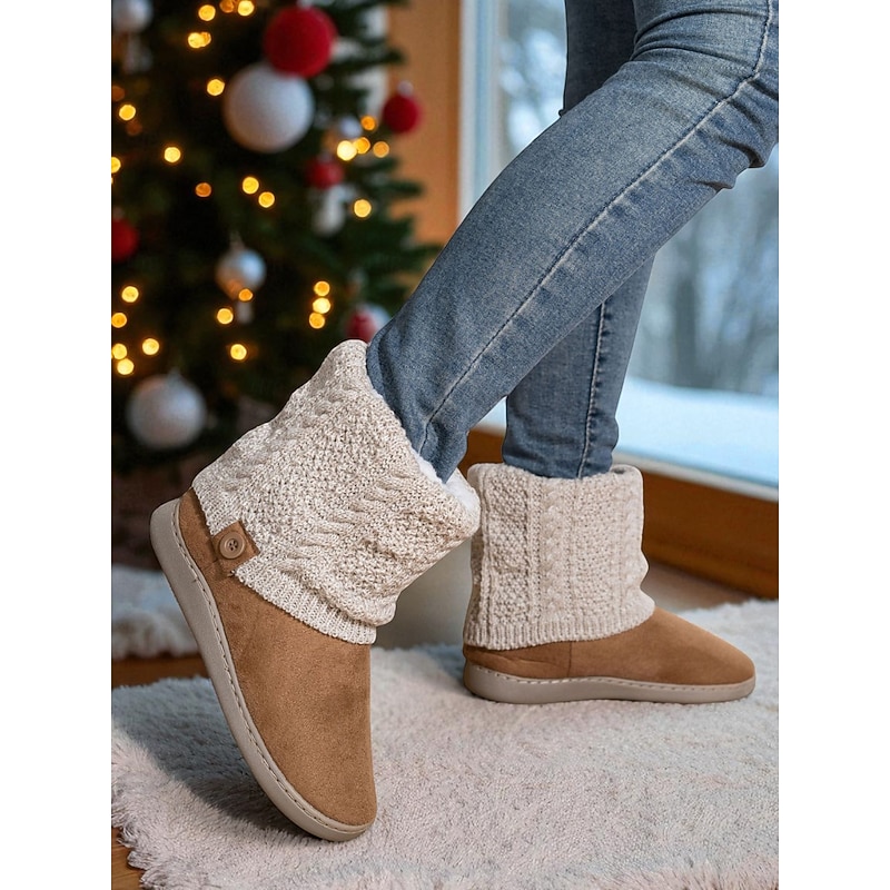 Women's Brown Faux Suede Winter Ankle Boots – Knit Cuff Button Detail, Plush Lining, Cozy Indoor & Outdoor Casual Footwear