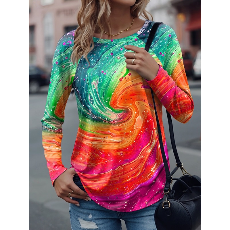 Women's T Shirt Graphic Geometric Vintage Stylish Casual Long Sleeve Crew Neck Regular Tops Daily Weekend Print Yellow Red Purple Green Spring Fall Winter3