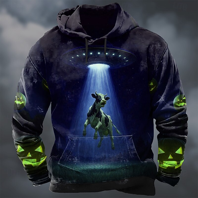 Men's Cow Hoodie Sweatshirt Cool Party Crew Neck Club Streetwear Red Blue Drawstring Fall Winter Designer2