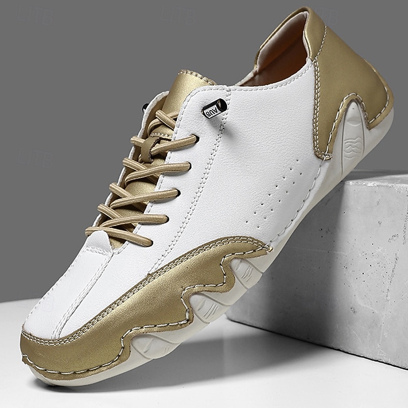 Men's White and Gold Leather Sneakers Stylish Casual Sports Shoes for Streetwear Parties and Weekend Outings