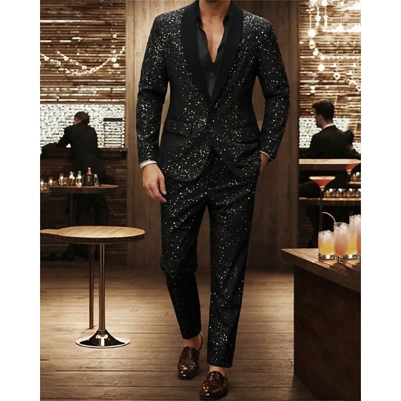 Men's Blazer Set Business Cocktail Party Wedding Party 2 Piece Fashion Casual Spring Fall Polyester Plain Pocket Glitter Comfortable Single Breasted Blazer Black3