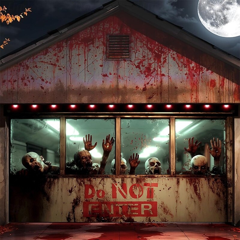 Halloween Garage Door Cover, Scary Zombie Do Not Enter Curtain, Haunted House 2025 Halloween Outdoor Decoration, Creepy Blood Splatter Horror Decor - Main Image