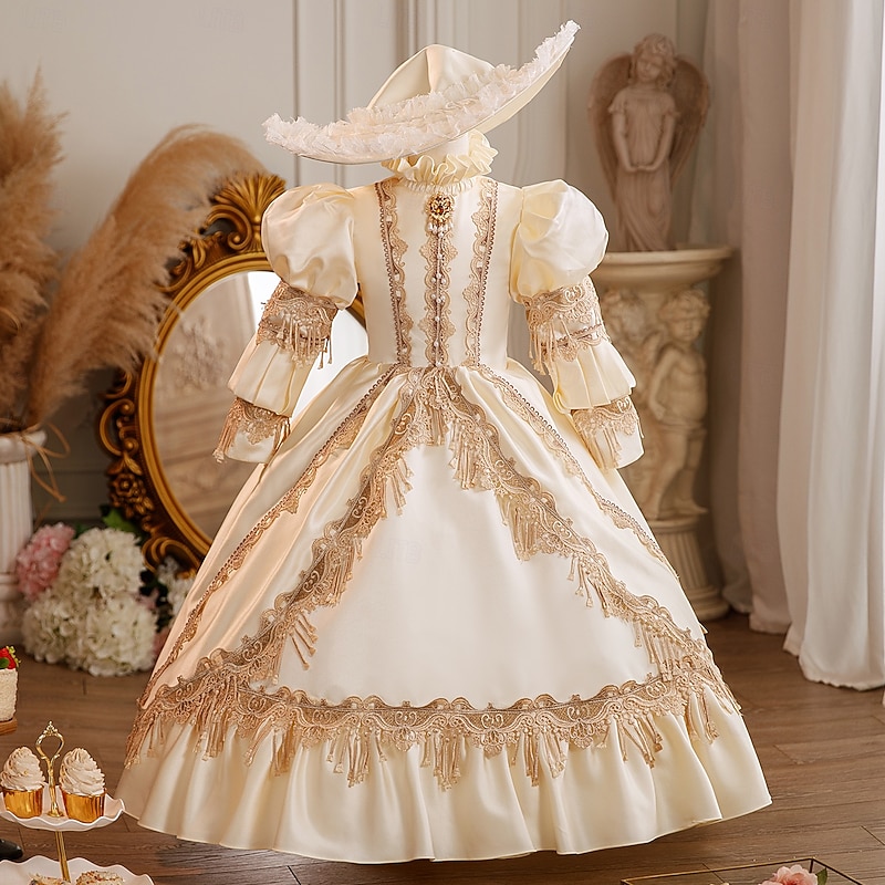 Retro Vintage Rococo Fancy Maxi Cocktail Dress Accessories Bell Sleeve Princess Bow Retro Ball Gown Point Fancy Dress Girls' Royal Christmas Halloween Carnival Masquerade Wedding Party Festival Kid's