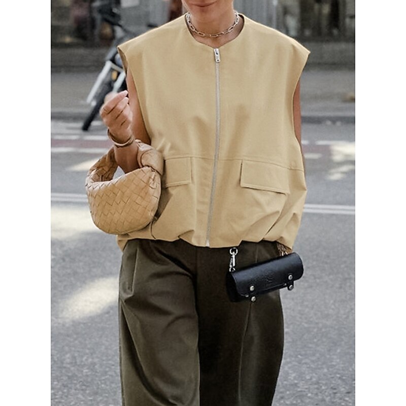 Women's Vest Comfortable Breathable Zipper Pocket Casual Plain Vacation Street Casual Daily Wear Zipper Short V Neck Regular Fit Sleeveless Outerwear Khaki Summer Spring4