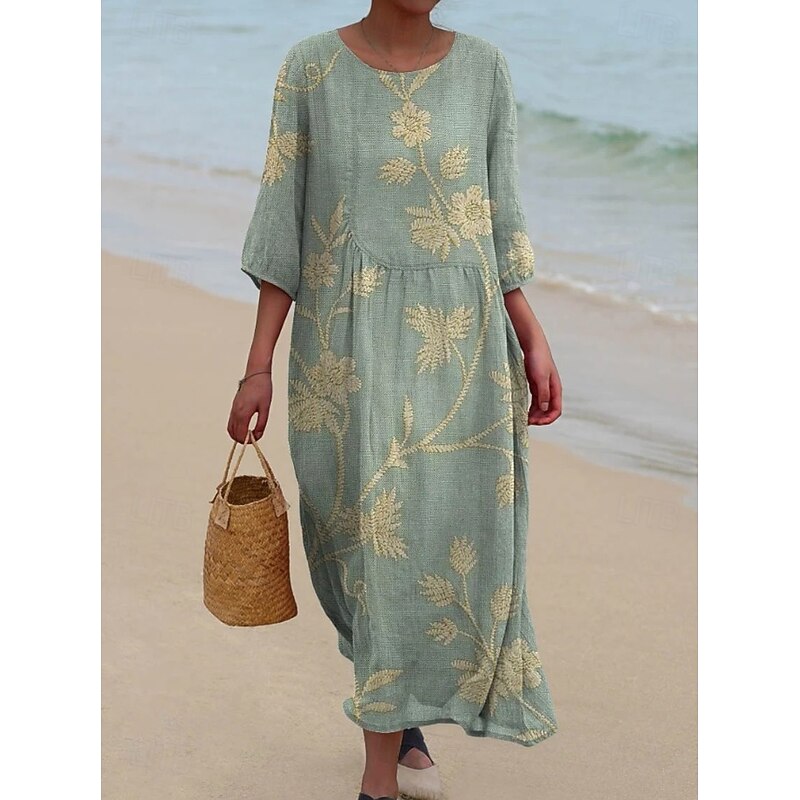 Women's Maxi Dress Kaftan 3/4 Length Sleeve Crew Neck Casual Shift Dress A Line Dress Dress Boho Daily Holiday Date Floral Graphic Dark Yellow Light Pink Yellow Light Green