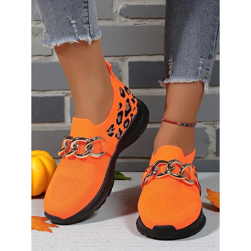 Women's Orange Flyknit Slip-On Sneakers with Leopard Print & Chain Detail – Trendy Chunky Sole Shoes for Halloween, Festivals & Streetwear