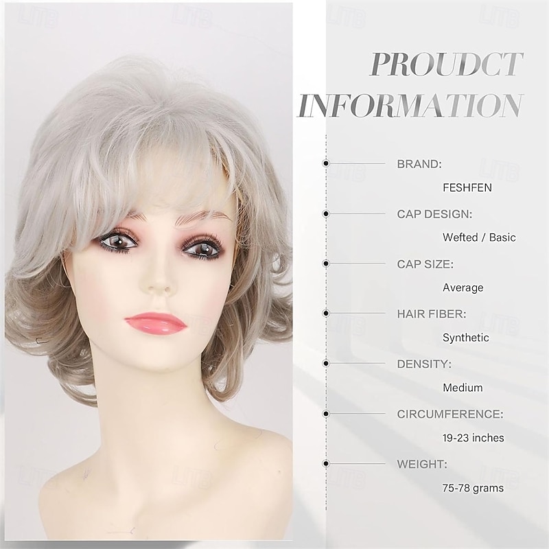 Short Grey Wigs for White Women Natural Curly Short Layered Silver Gray Pixie Cut Wigs with White Bangs Synthetic Hair Silver WIG for Older Women3