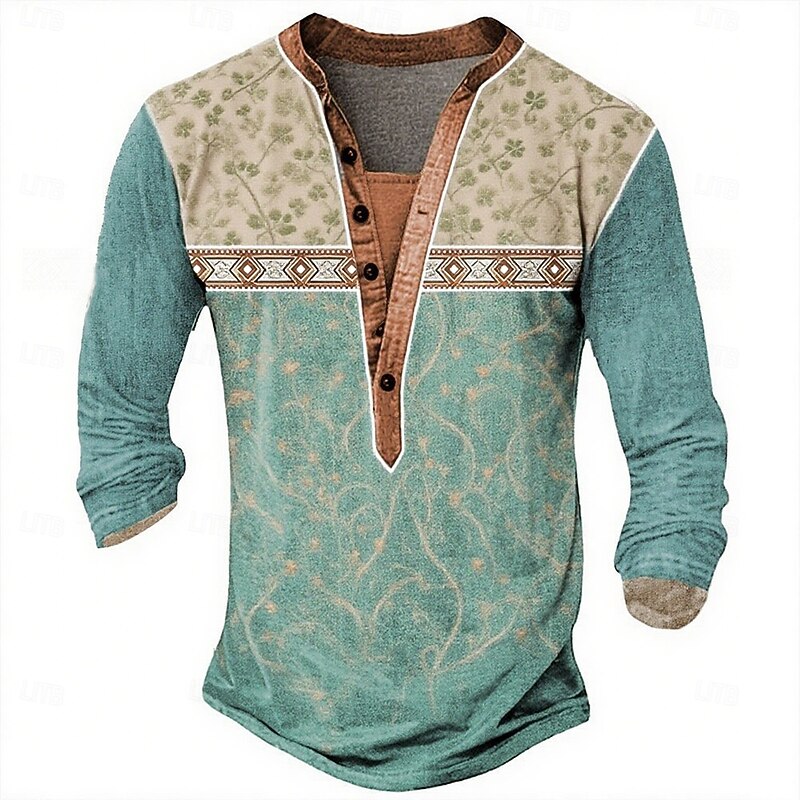 Men's Ethnic Henley Shirt Tee Long Sleeve Ethnic Casual Summer Spring All Seasons Light Green Henley Henley T-Shirt