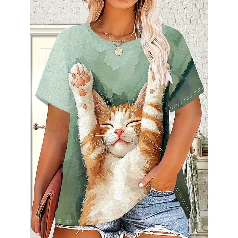 Women's T Shirt Graphic Animal Cat Vintage Stylish Classic Short Sleeve Crew Neck Round Neck Regular Tops Daily Weekend Print Light Green Summer Spring