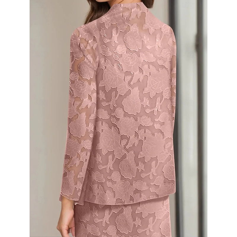 Blue Pink Two Piece A-Line Dress Sets Mother of the Bride Dress Elegant Crew Neck Ankle Length Chiffon Lace Long Sleeve with Solid Color4