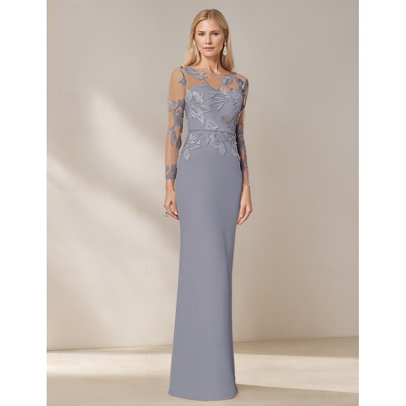 Mermaid / Trumpet Mother of the Bride Dress Stretch Crepe Elegant Simple Boat Neck Floral Embroidered Lace Floor Length Long Sleeve with Crystal Belt4