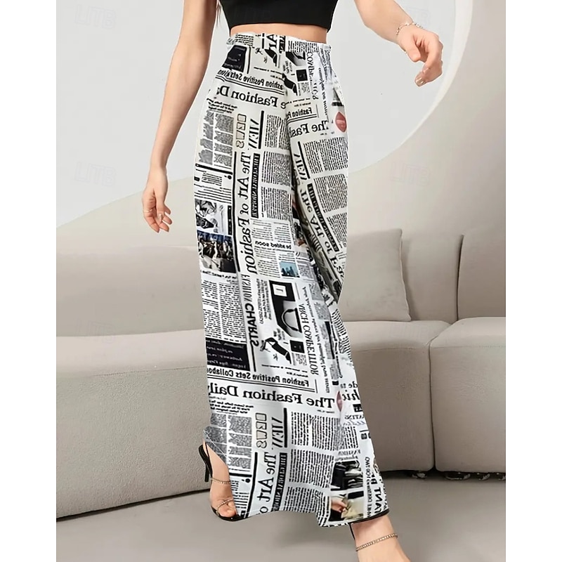 Women's Wide Leg Slacks Streetwear Casual Full Length Natural Flower Elastic Waist Printing Comfy Outdoor Vacation Going out Black White Fall Regular Fit2