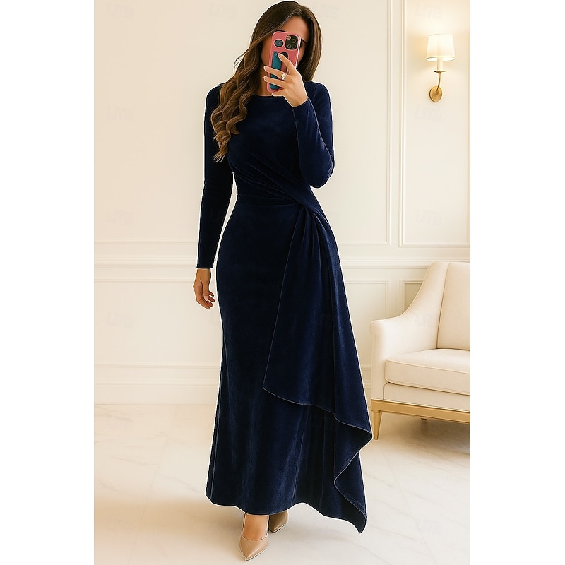 Blue Red Black Sheath / Column Evening Gown Elegant Dress Formal Fall Knee Length Long Sleeve Crew Neck Velvet with Pleats Ruched 20253