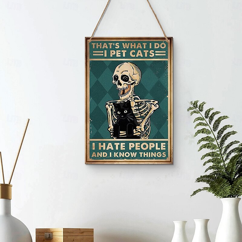 Halloween Skull & Black Cat Illustration Wood Hanging Sign, Halloween Decor Plaque for Home, Party, Store & Seasonal Decorations