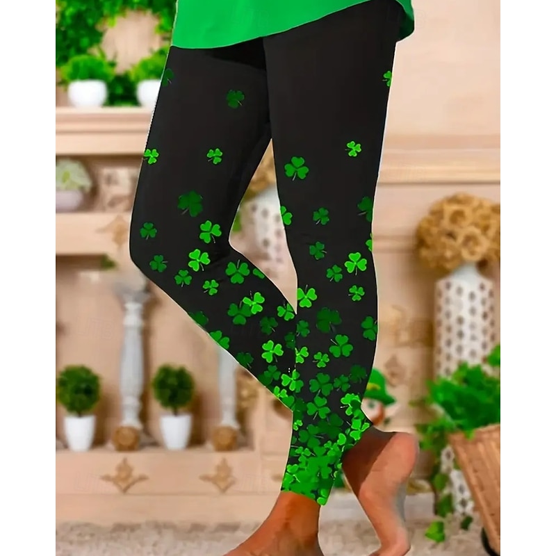 Women's Pants Trousers Leggings Cozy Leggings Streetwear Casual Full Length High Waist Clover Elastic Waist Print Breathability Comfortable Stretchy Vacation Street Daily Wear Green Summer Spring Fall