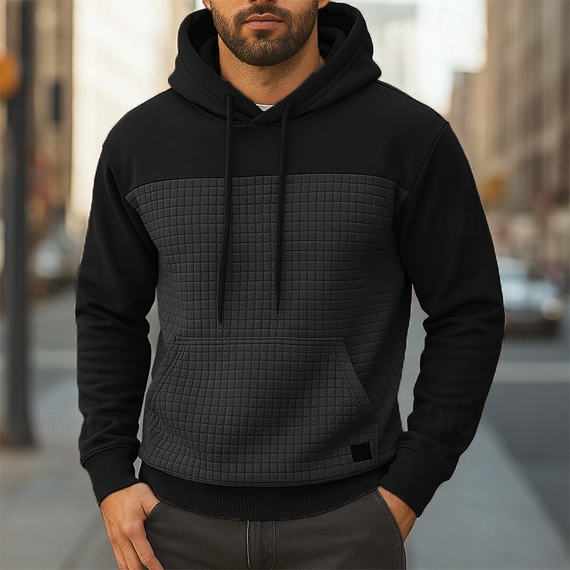 Men's Hoodie Waffle Hoodies Pullover Hoodie Sweatshirt Black Army Green Navy Blue Khaki Dark Gray Hooded Plain Patchwork Textured Sports & Outdoor Casual Daily Streetwear Cool Sportswear Spring4