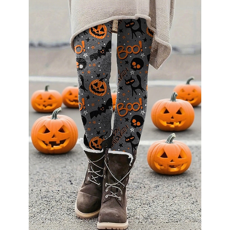 Women's Pants Trousers Leggings Cozy Leggings Streetwear Casual Full Length High WaistPantsHalloween Pumpkin Bat Elastic Waist Print Breathability Comfortable Stretchy Vacation Street Daily Wear Gray