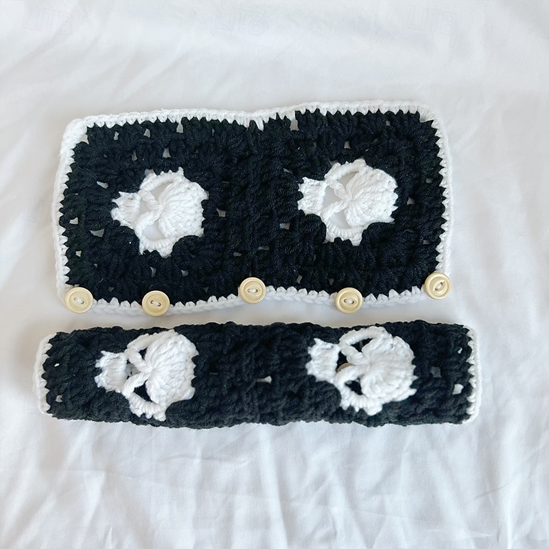 3-Piece Set Halloween Skull Crochet Car Steering Wheel Cover - Handmade Warm & Non-Slip Fabric Accessory for Vehicle Interior4